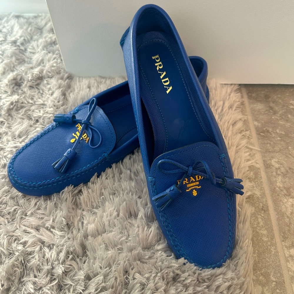 Prada Blue Leather Bow Loafers